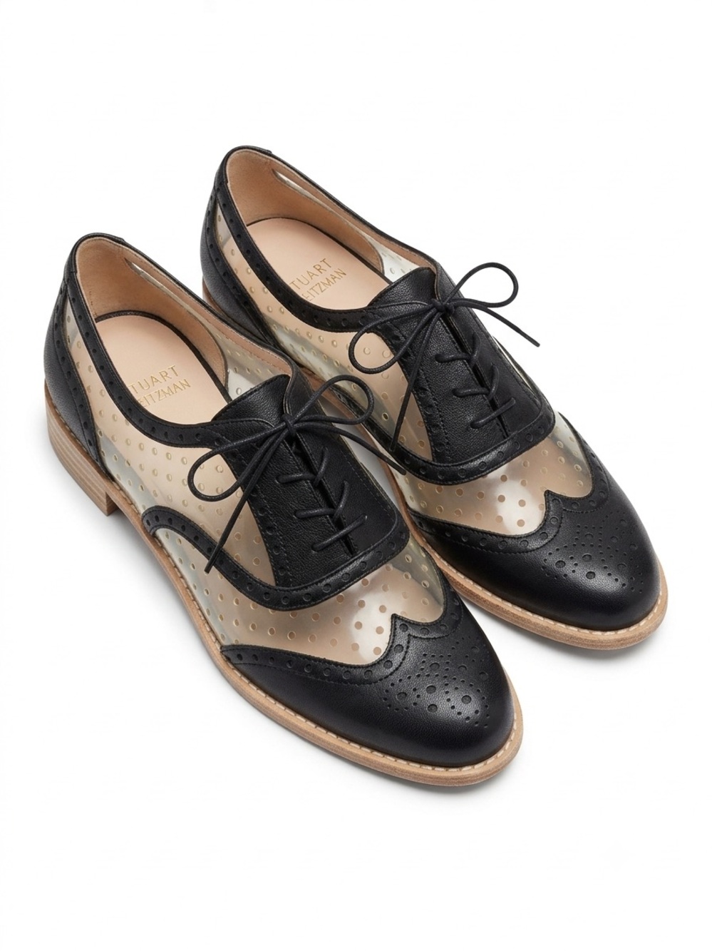 Stuart Weitzman Black Leather Clear PVC Perforated Wingtip Oxford Shoes 9 M